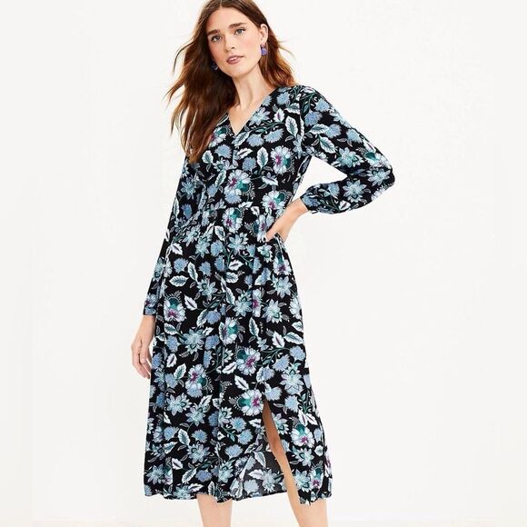 NWT Loft Size 12 Viscose Dark Floral Leaf V Neck Long Sleeve Midi Dress - Picture 2 of 16